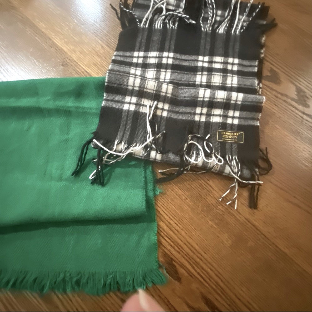 Back and white “Cashmarie” scarf and Green unbranded scarf